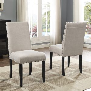 Roundhill Furniture Biony Tan Fabric Dining Chairs with Nailhead Trim, Set of 2, Brown, Tan