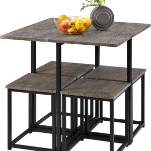 Yaheetech Industrial Dining Table Set for 4 Compact Kitchen Table and 4 Stools, Space-Saving Design for Apartment, Small Space, Breakfast Nook, Drift Brown
